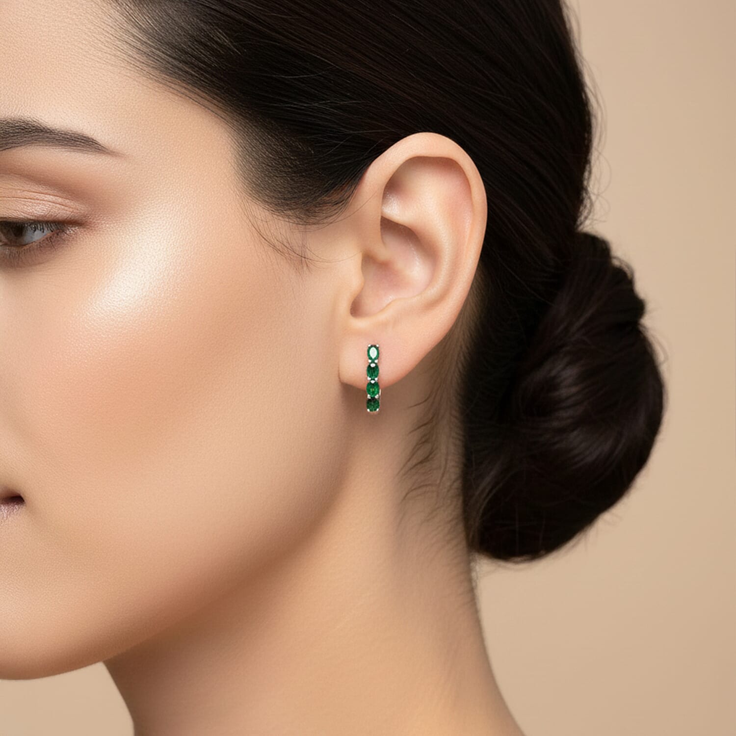 Socoto Emerald Hoop Earrings with Clasp in Platinum Overlay Sterling Silver 1.27 Ct.